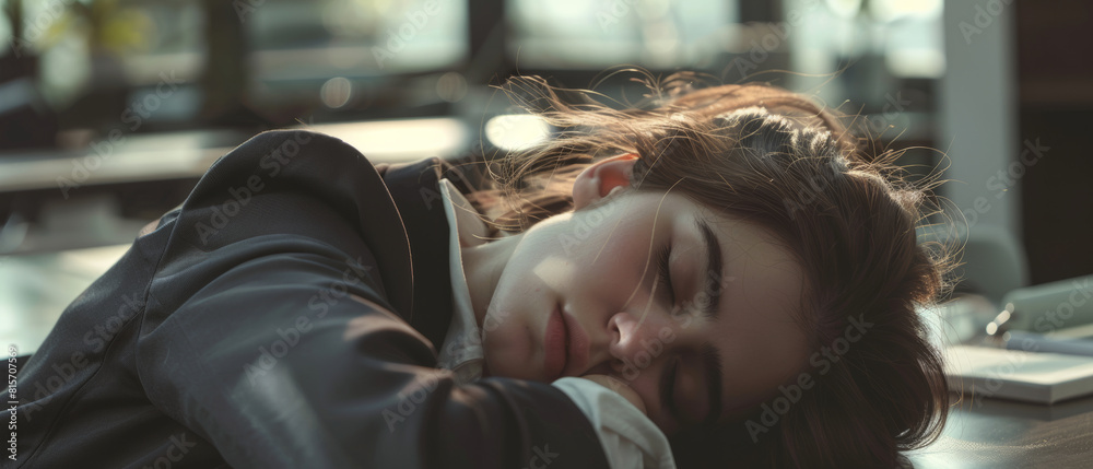 A gentle slumber captures a young woman in a moment of serene repose at her desk. A gentle slumber captures a young woman in a moment of serene repose at her desk.