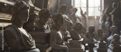 A regal line-up of historical sculptures casting elegant silhouettes in warm light. photo