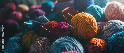 Colorful yarn balls and knitting needles form a vibrant tapestry of creativity and craft. photo