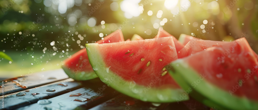 Juicy watermelon slices sprinkled with water drops on a summer day. Juicy watermelon slices sprinkled with water drops on a summer day.