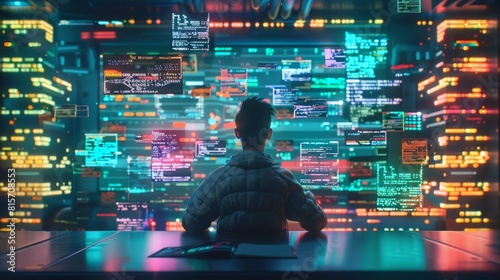 Software development visualized through an interface filled with code snippets and virtual screens floating around a programmer in a hightech hologram concept workspace