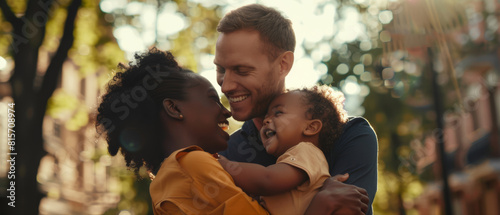 Heartwarming embrace of a multicultural family with a toddler.