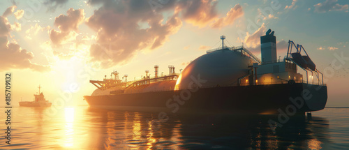Majestic view of LNG tankers illuminated by the golden sunset at the harbor. photo