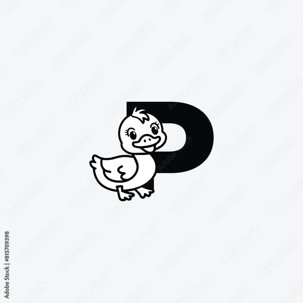 Initial Letter P with Duck Logo Design. Duck is sporting a happy smile. Letter P Vector cute animals character duck isolated illustration and lettering on white background.