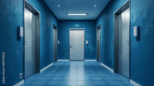 The scene contains blue corridors in an empty office building with metal elevators and white doors. The scene also features hallways inside hotels  entrances to rooms  and modern lighting in clinics.