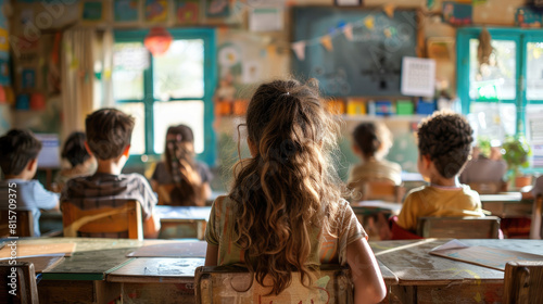 A girl with long hair sits in a classroom with other children