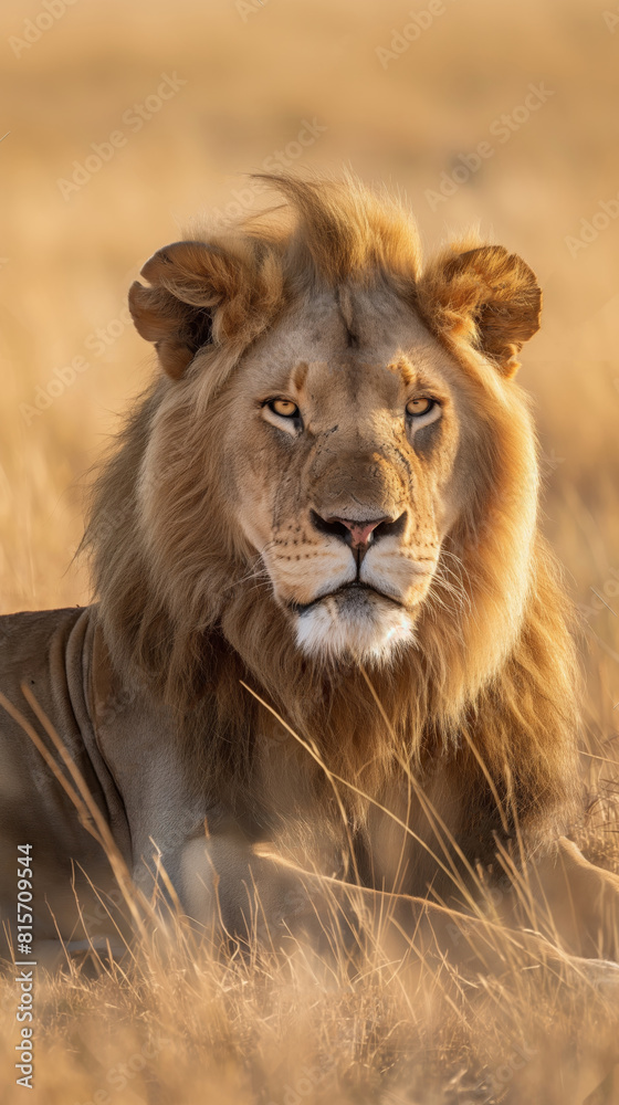 Majestic lion resting in savanna, close-up. Wildlife in natural habitat, the king of the jungle Majestic lion resting in savanna, close-up. Wildlife in natural habitat, the king of the jungle