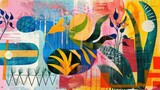 A vibrant painting featuring a plant and flower pattern with colorful leaves on a green background, creating a beautiful visual arts piece AIG50
