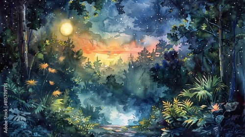 Starlit twilight in a lush forest  captured in watercolors  flora bathed in moonlight creating a dreamy  enchanted landscape