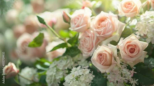Green Flowers with White and Pink Roses in the Background