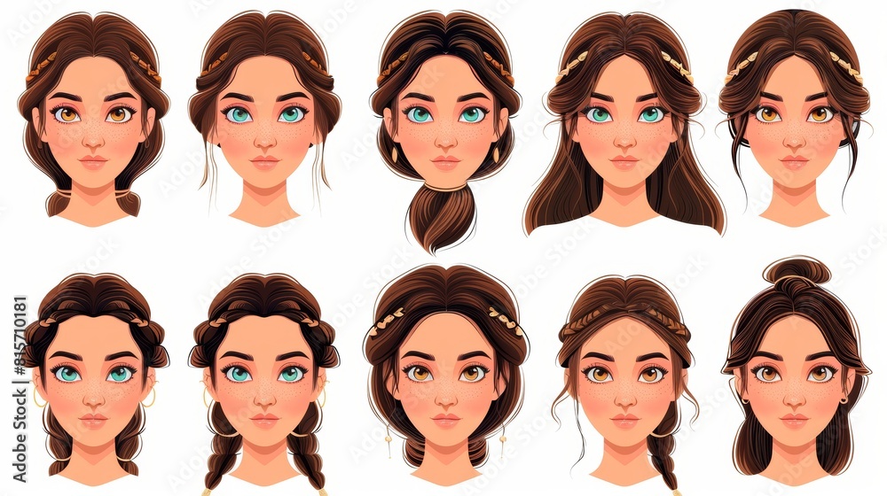 An illustration of a young female portrait with hairstyles, lips, eyes, noses, eyebrows and a collection of eyes and noses isolated on a white background. An illustration of a young female portrait with hairstyles, lips, eyes, noses, eyebrows and a collection of eyes and noses isolated on a white background.