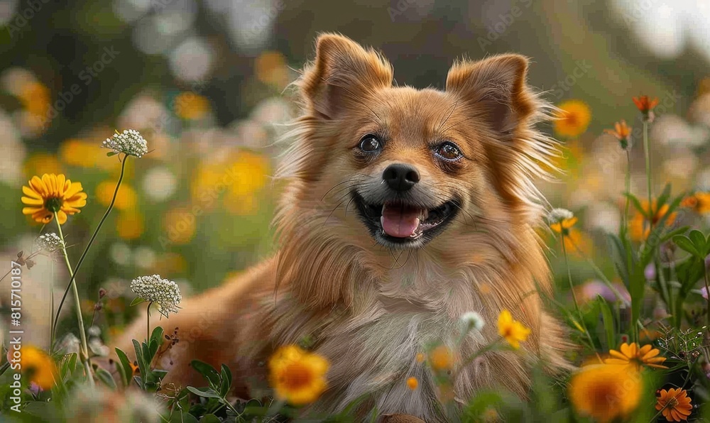 Radiant morning light illuminating a happy, fluffy dog playing in a blooming garden Radiant morning light illuminating a happy, fluffy dog playing in a blooming garden