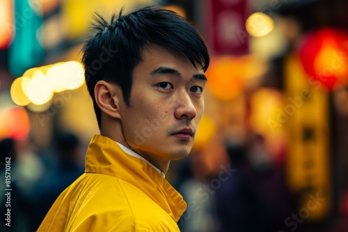 Portrait of a thoughtful young man in a vibrant yellow jacket with an illuminated urban background