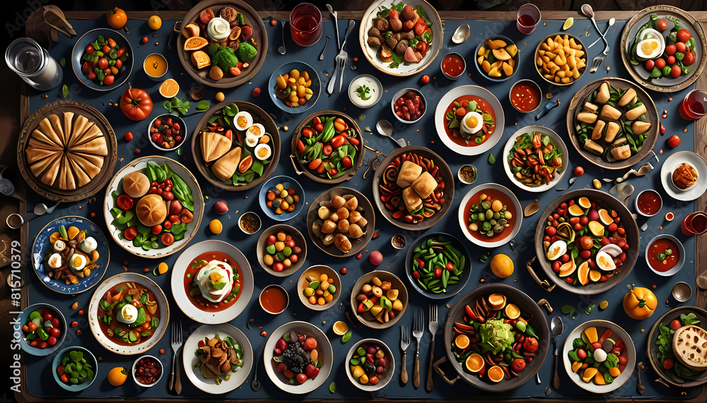 Table filled with food and dishes Background Table filled with food and dishes Background
