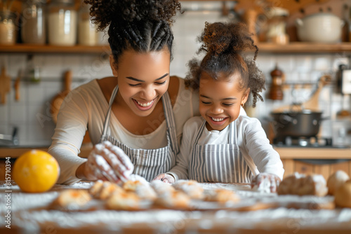 Joyful Mother and Daughter Baking Together in a Sunny Home Kitchen
