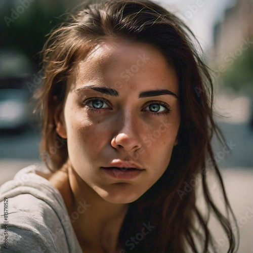 ritratto di donna in stile autoriale espressivo con occhi chiari su sfondo urbano in luce naturale