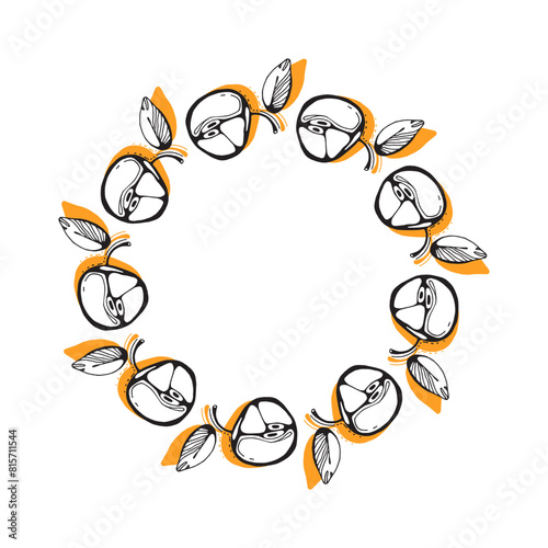 Decorative round frame with apples. Apple circle frame. Template for fruit decorative design. Vector illustration.