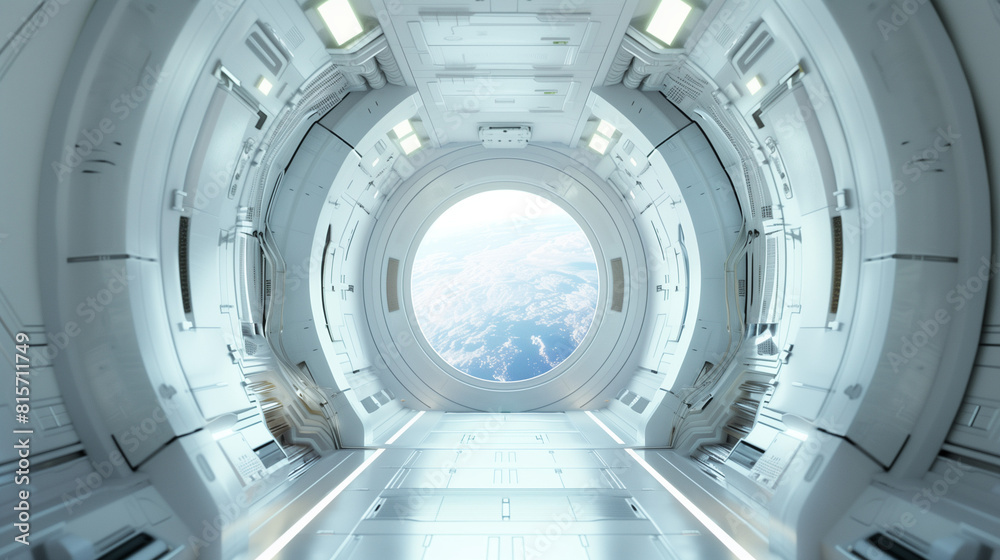 Fototapeta premium sci fi futuristic white space station interior, futuristic door in the center of frame with window looking out to planet earth outside