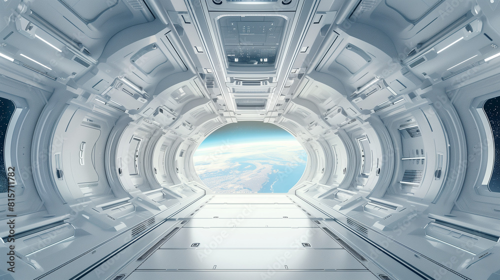 sci fi futuristic white space station interior, futuristic door in the center of frame with window looking out to planet earth outside sci fi futuristic white space station interior, futuristic door in the center of frame with window looking out to planet earth outside