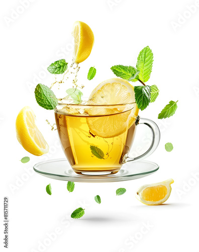 transparent rea cup with mint herb and lemon slice flying in air on white background photo