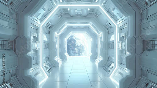 sci fi futuristic white space station interior  futuristic door in the center of frame with window looking out to planet earth outside