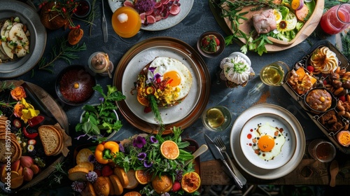 Food influencer photograph featuring a delectable brunch spread or artisanal dessert, with beautifully plated dishes and vibrant ingredients that tantalize the taste buds and inspire v photo