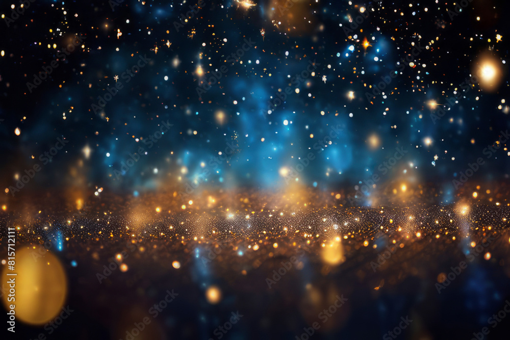 Fototapeta premium background of abstract glitter lights. gold, blue and black. defocused. Created with Playground AI