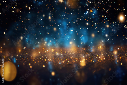background of abstract glitter lights. gold, blue and black. defocused. Created with Playground AI