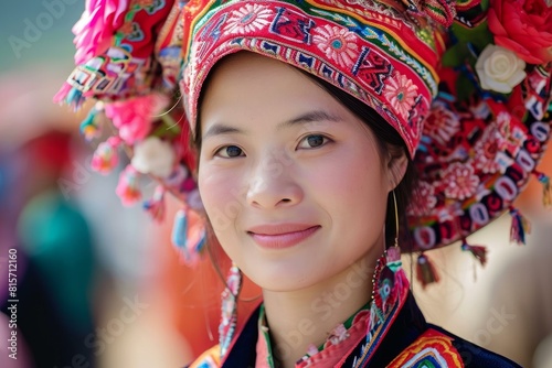 Portrait of a smiling asian woman wearing an intricate, colorful ethnic headdress