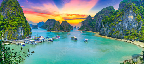 Dreamy sunset landscape Halong Bay, Vietnam view from adove. This is the UNESCO World Heritage Site, a beautiful natural wonder in northern Vietnam