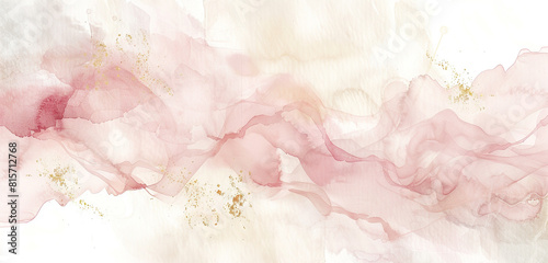 Whimsical watercolor with blush  ivory  and subtle gold on wide canvas.