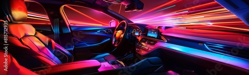 Brightly colored lights illuminate the interior of a car. Banner