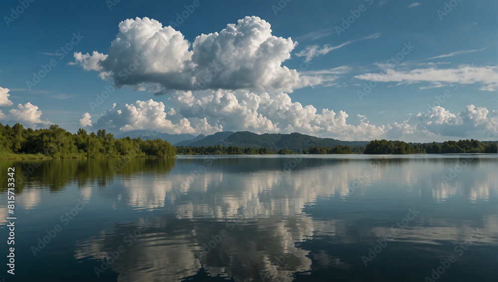 This is an image of a lake on a calm day with white clouds reflecting off the water.

