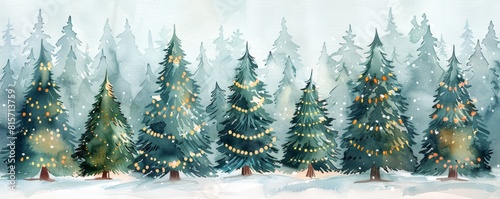 Magical winter forest in watercolors  featuring rows of Christmas trees adorned with lights and snow  ideal for a captivating holiday backdrop