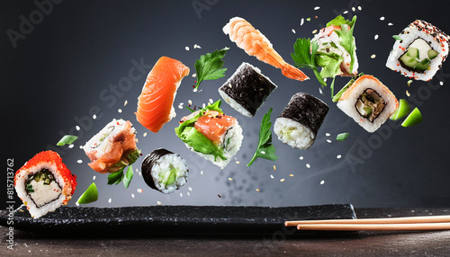 Flying sushi concept photo with ingredients on a black background