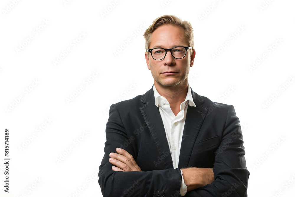 A middle-aged businessman stands with folded arms A middle-aged businessman stands with folded arms