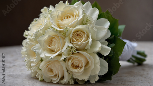 A bouquet of white roses with green leaves  tied with a white ribbon.  
