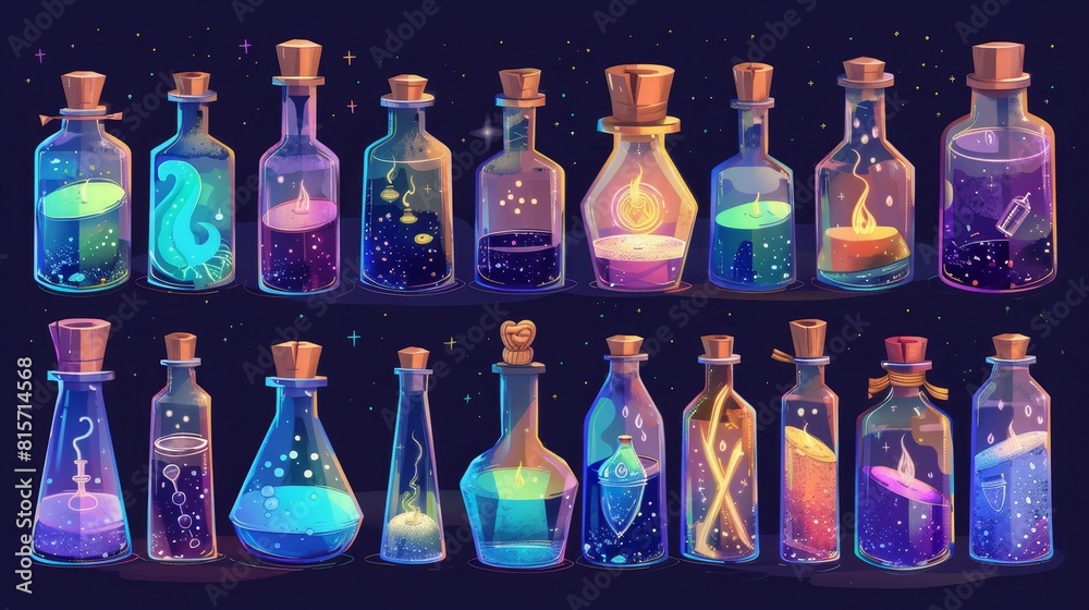 The alchemist, apothecary lab and witch holding glass vials and flasks with wooden corks. Cartoon illustration with magic potions, elixirs and poisons. The alchemist, apothecary lab and witch holding glass vials and flasks with wooden corks. Cartoon illustration with magic potions, elixirs and poisons.