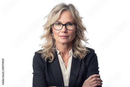 A blonde-haired woman in professional attire, with glasses and folded arms,