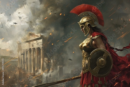 Digital art depicting a spartan warrior in ancient ruins engaged in a fiery and dramatic battle scene showcasing historical armor and combat stance in ancient greece photo