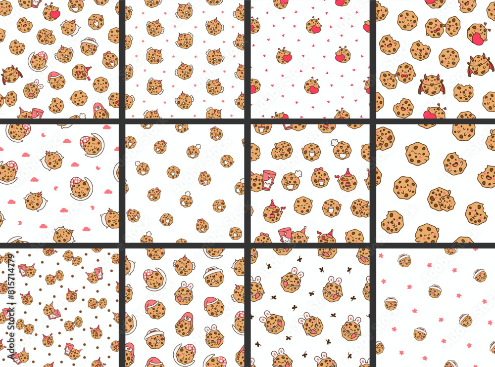 Cute kawaii cookies. Seamless pattern. Cartoon choco chip characters. Funny food. Hand drawn style. Vector drawing. Collection of design ornaments.