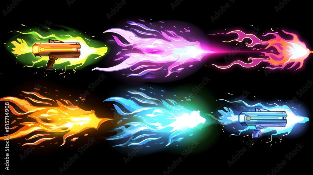 Set of modern illustrations of magic beams with fire and smoke, neon ...