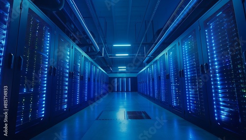 A large data center with rows of server cabinets illuminated by blue lights, creating an atmosphere reminiscent of a high-tech facility