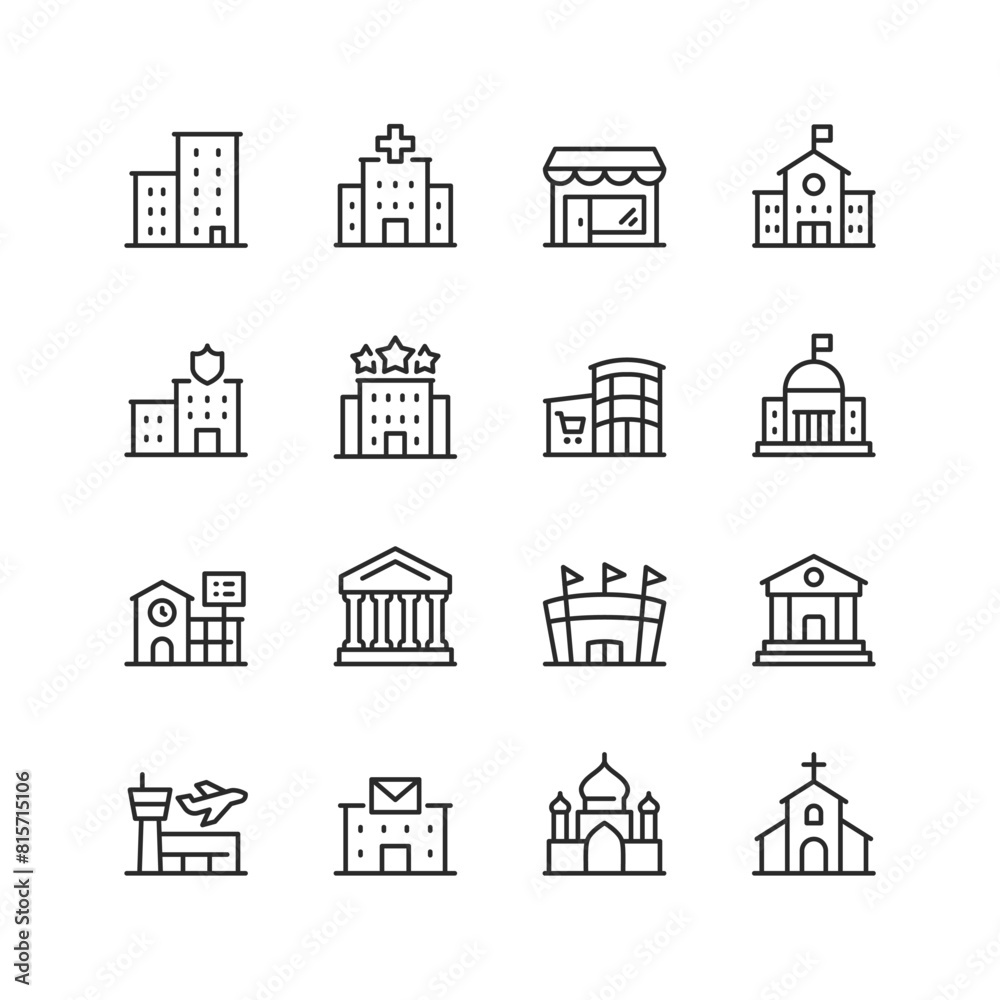 Public Buildings, linear style icon set. City infrastructure and community facilities. Residential, commercial, educational, institutional, and religious edifices. Editable stroke width. Public Buildings, linear style icon set. City infrastructure and community facilities. Residential, commercial, educational, institutional, and religious edifices. Editable stroke width.