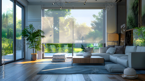 Interior roller blinds are installed in the living room, featuring white colored roller shades on the windows. Within the same room, there are also a houseplant and a sofa present. photo