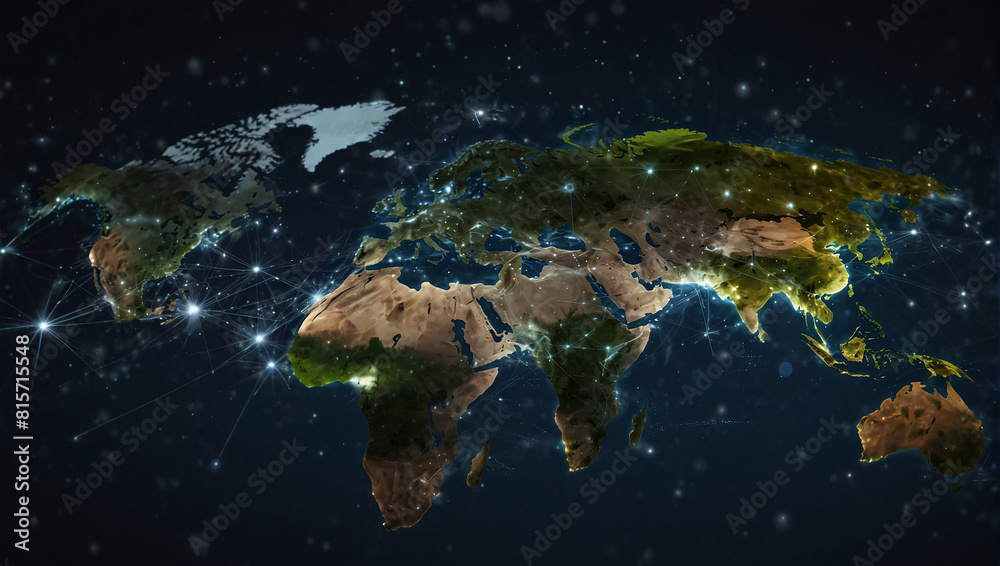 The image is of a map of the world with a glowing blue outline. The ...