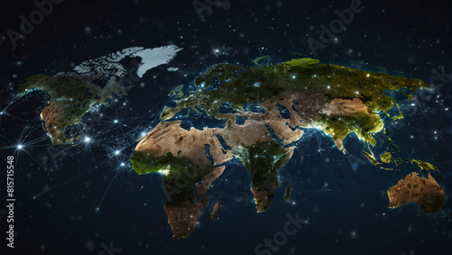 The image is of a map of the world with a glowing blue outline. The continents are green and the oceans are dark. There are stars and clouds in the background.   © muhammadahetesham