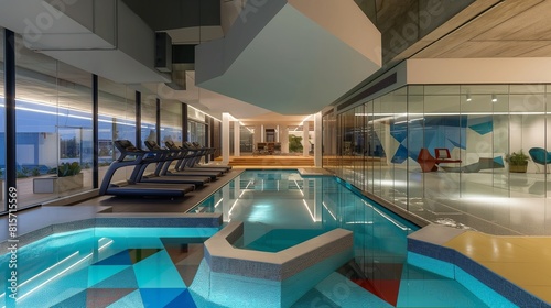 An architecturally striking office pool  featuring geometric shapes and bold  colorful tiles  with an adjacent glass-walled gym allowing employees to enjoy the view while working out. 