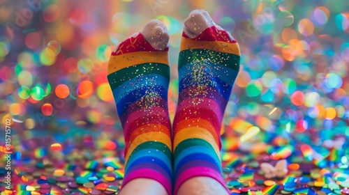 A vibrant closeup image of a pair of feet adorned with rainbowstriped socks, set against a backdrop of glittering confetti, celebrating LGBTQ pride photo