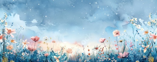 Ethereal watercolor landscape of a dreamy florafilled meadow under a starlit sky, soft pastel tones, ideal for tranquil themes photo